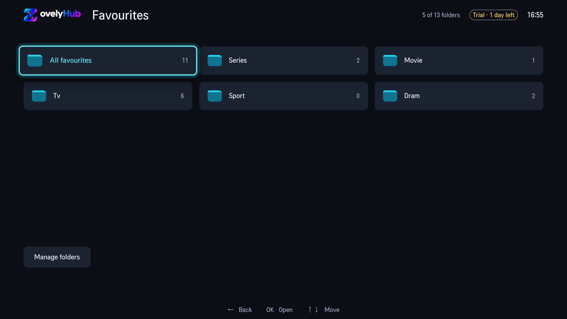 The Favourites screen in the ZovelyHub LG app, showing named folders with their counts and a folder allowance of 13