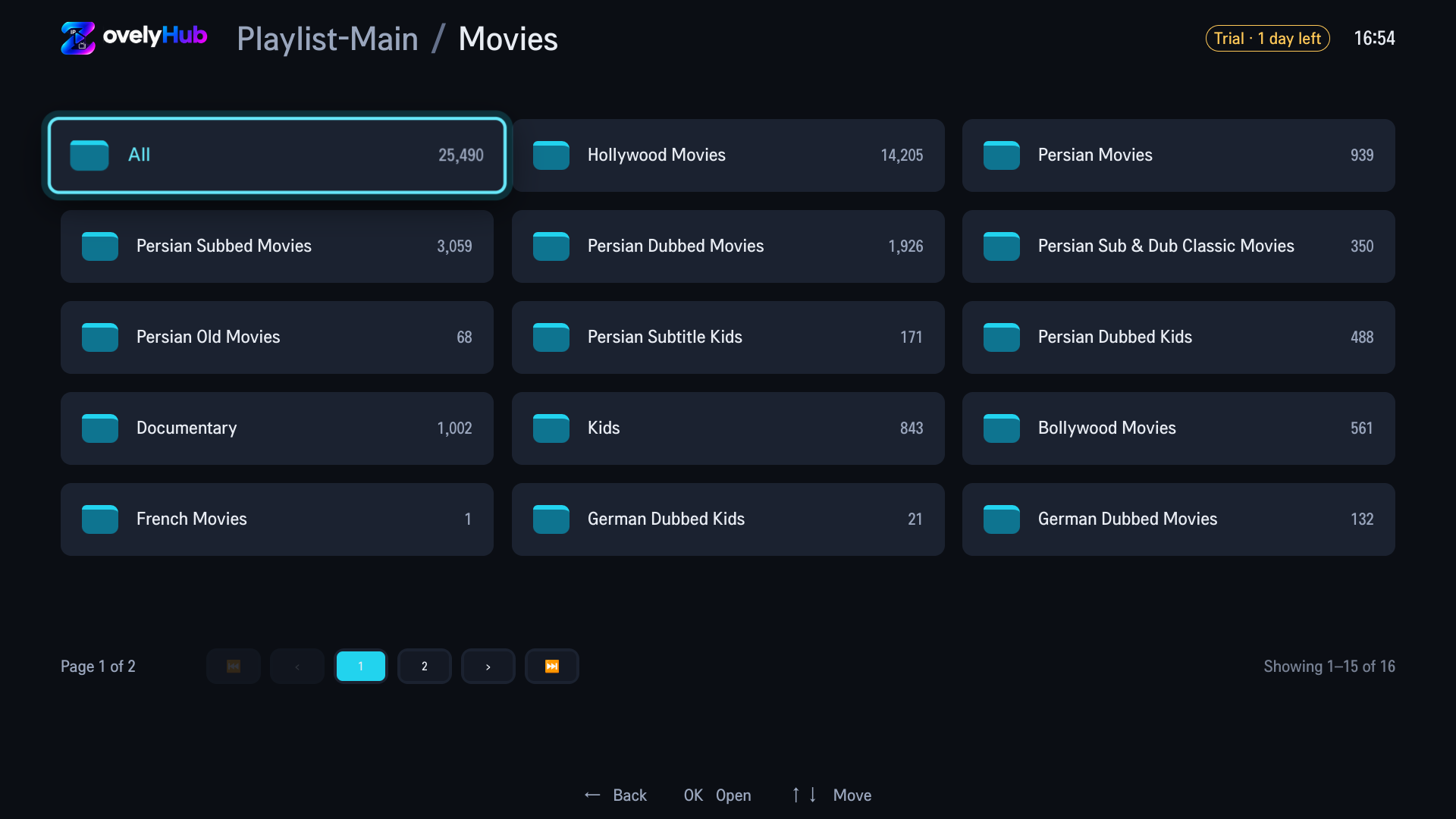 Movie categories in the ZovelyHub LG app, each with its own count, above a page selector