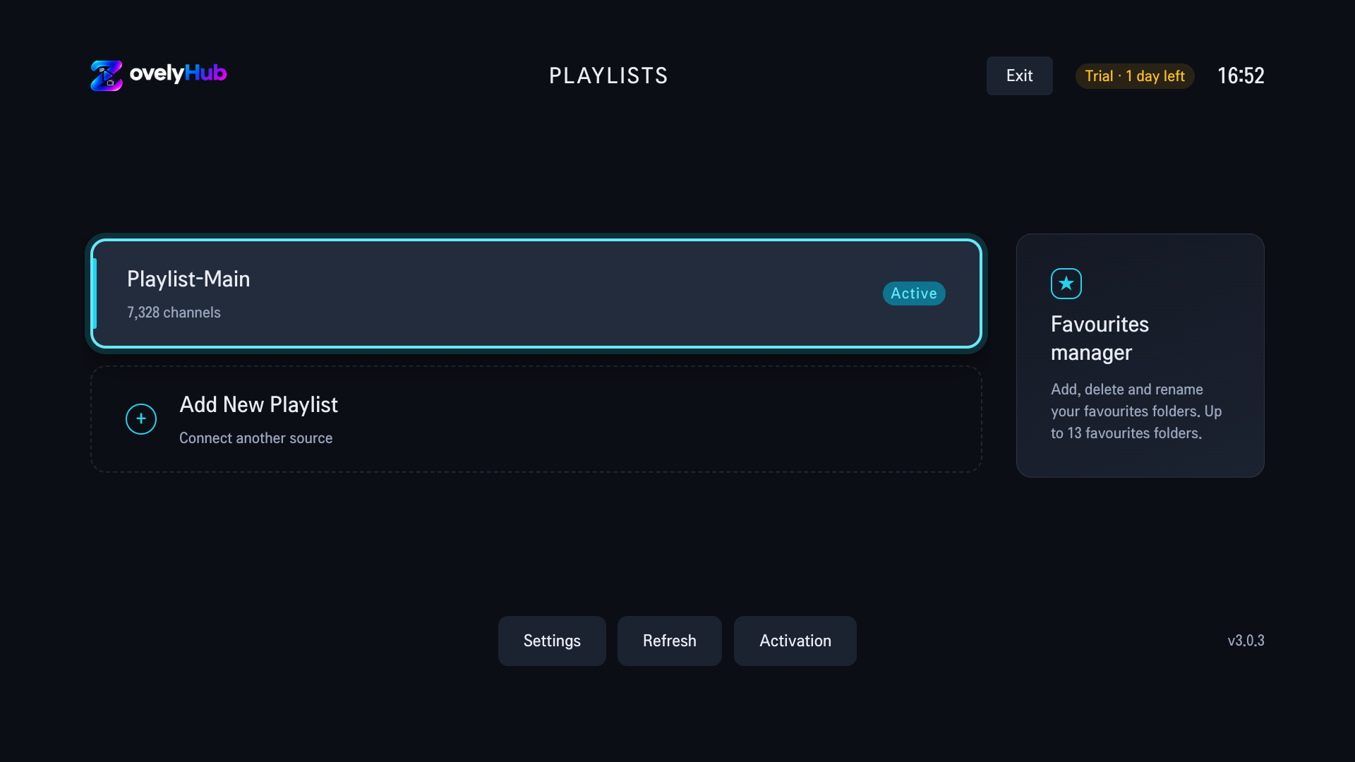 The Playlists screen in the ZovelyHub LG app, showing an active playlist with its channel count and an option to add another source