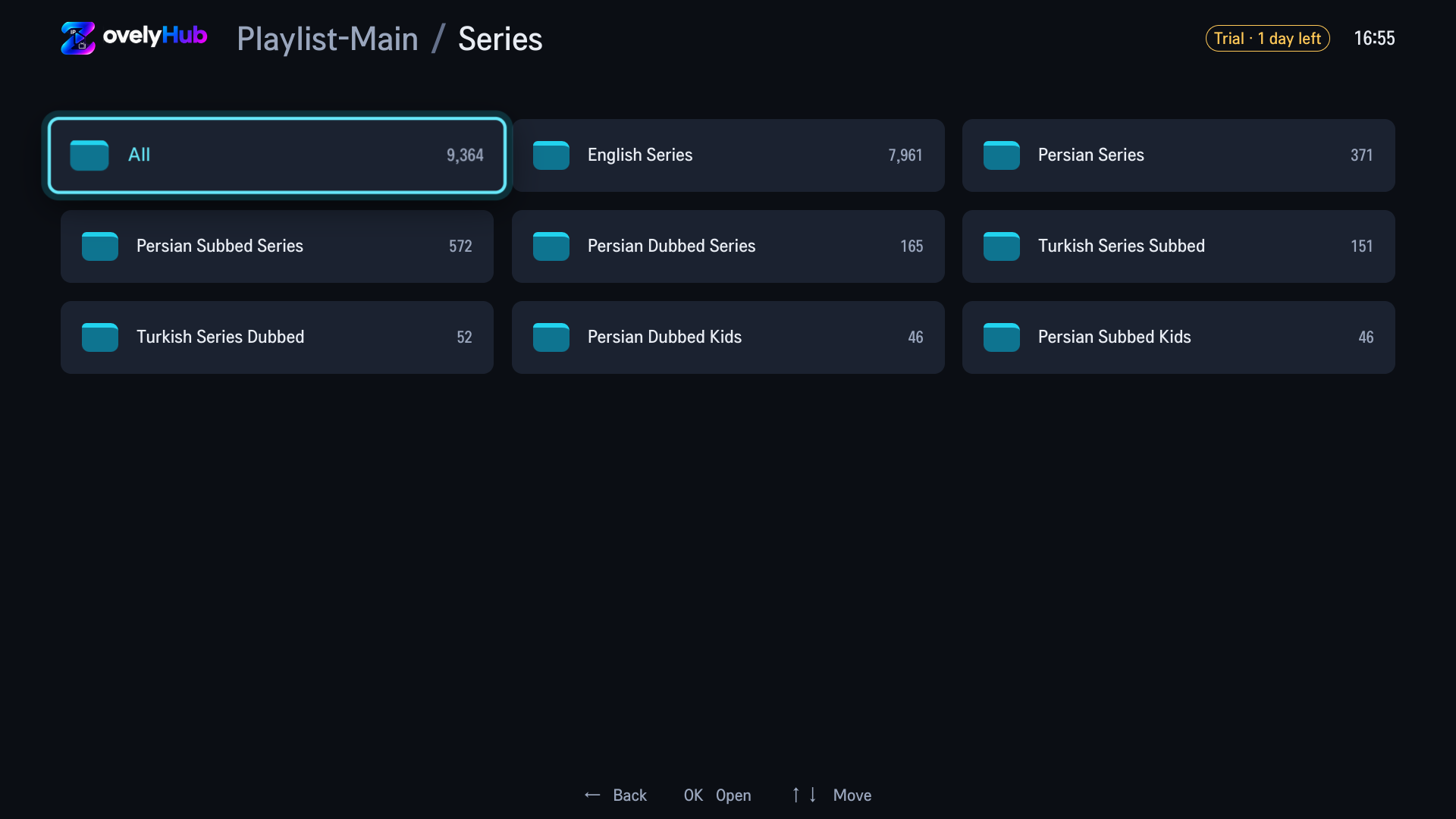 Series categories in the ZovelyHub LG app, each with its own count