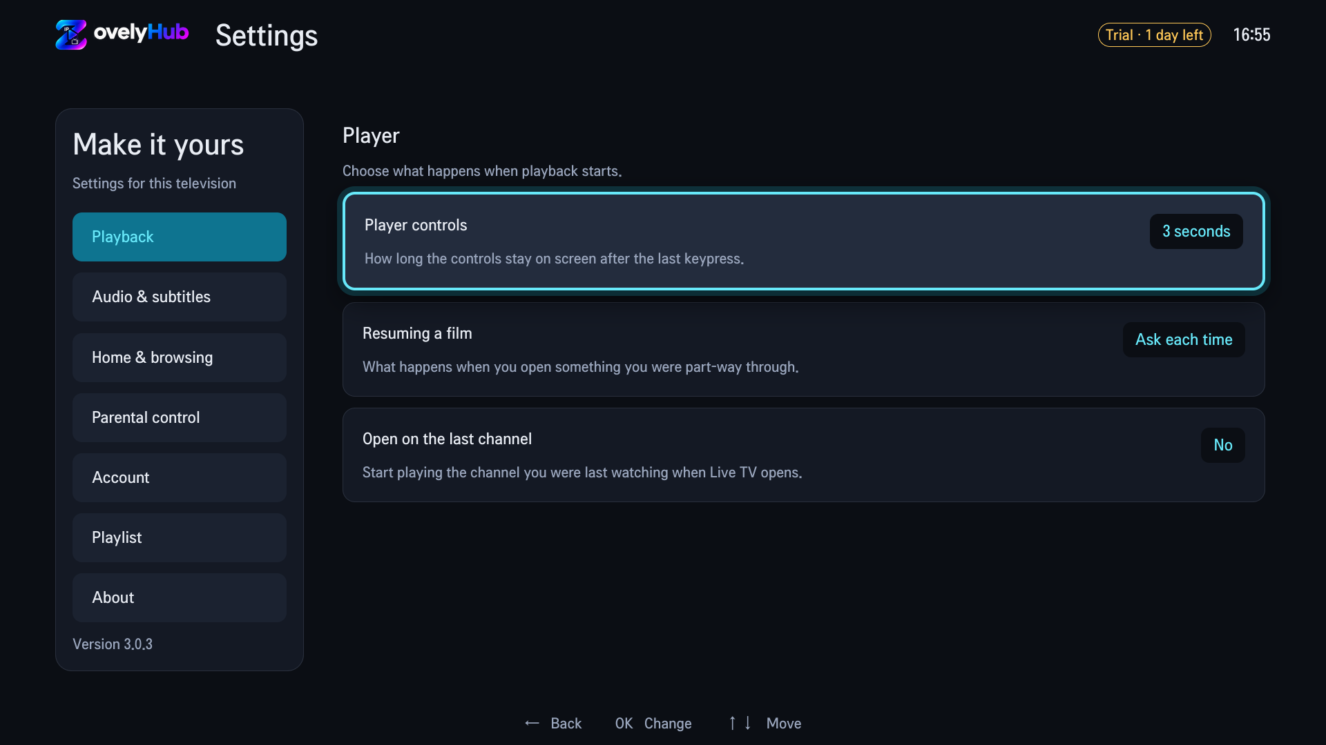 The Settings screen in the ZovelyHub LG app, with Playback, Audio and subtitles, Home and browsing, Parental control, Account, Playlist and About sections